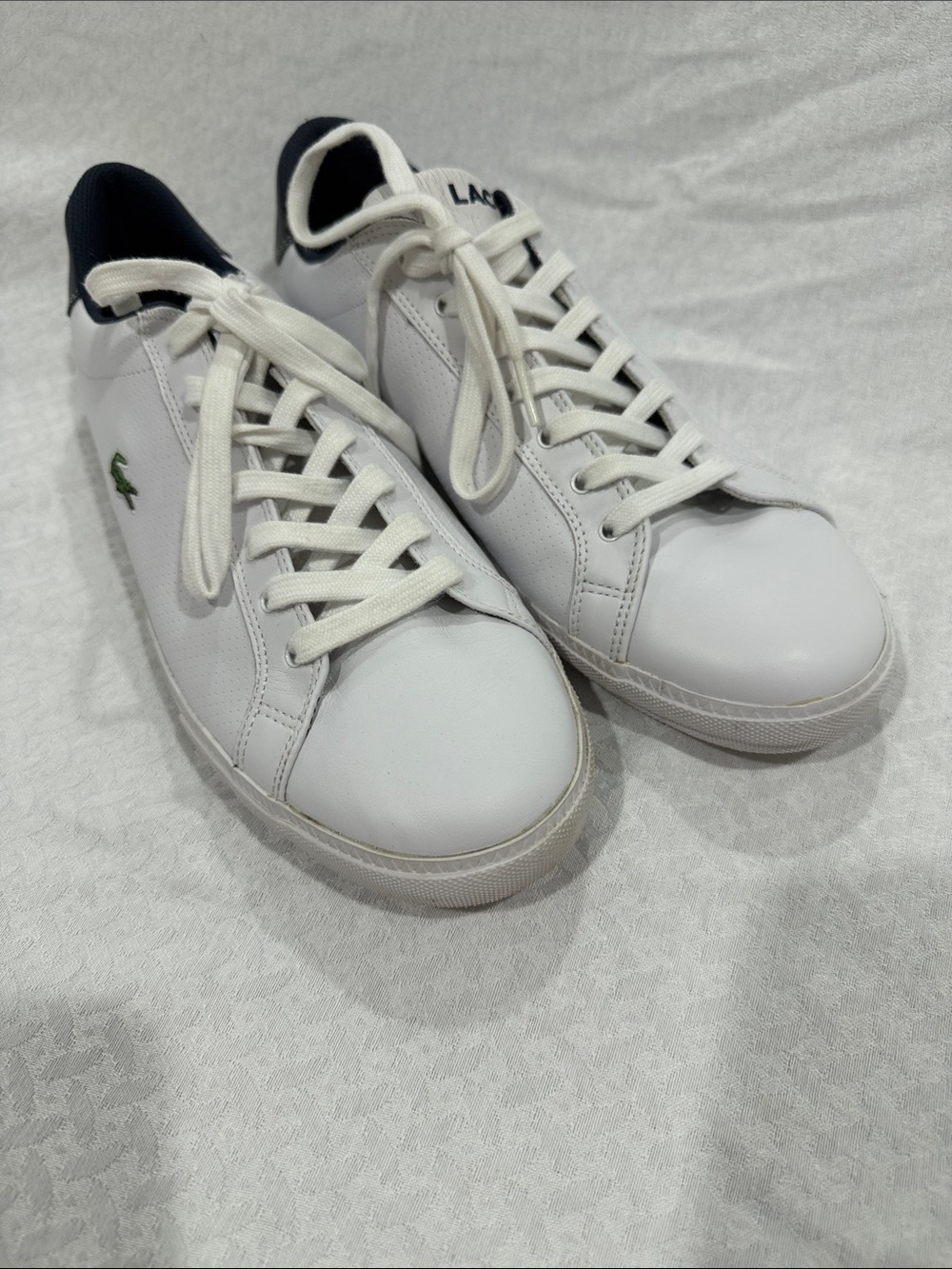Lacoste White Leather Sneakers with Navy Collar and Green Logo